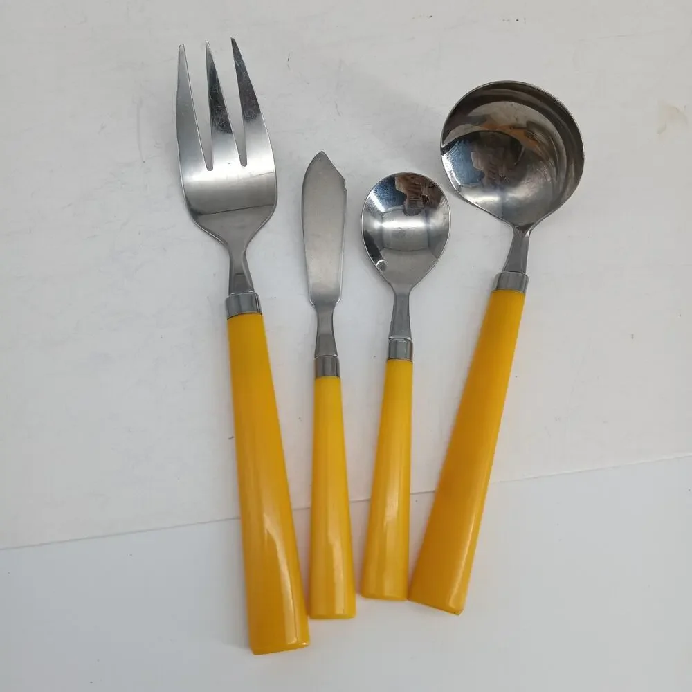 4X Serving Stainless Taiwan Retro MCM Melamine 1960s Yellow Handle Flatware